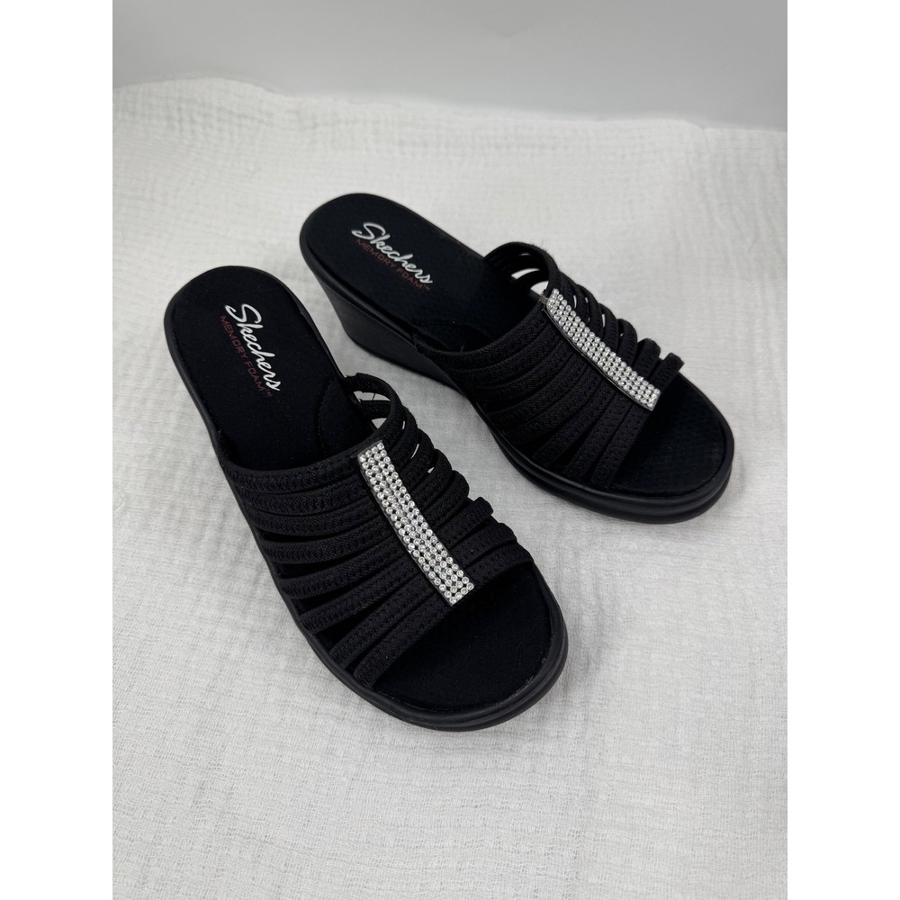 Skechers Wedge Sandals Size 11 Black Rhinestone Strappy Memory Foam